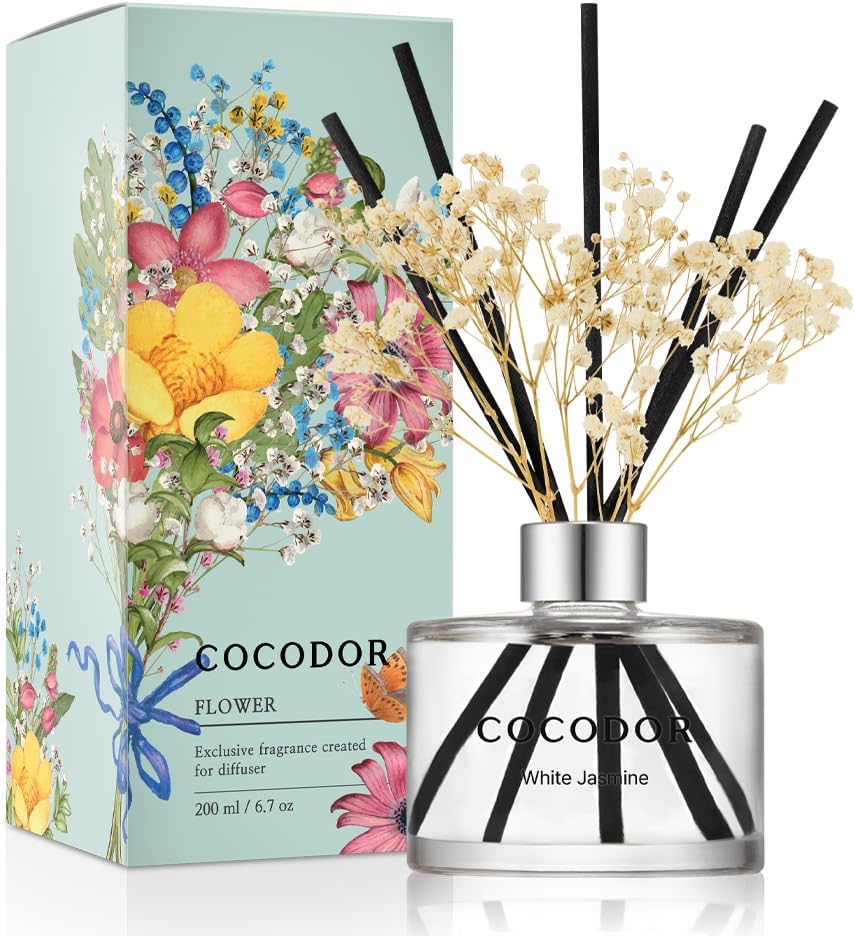 COCODOR Flower Reed Diffuser Set, White Jasmine, 6.7 oz
